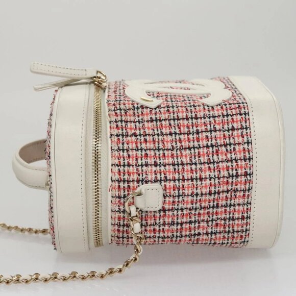 CHANEL Vanity Cosmetic Pouch Tweed Leather 2way Red White CC Auth 108914AM - Picture 6 of 16
